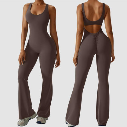 OYV Women Workout Scrunch Flare Jumpsuits Sexy Backless Butt Lift Gym Yoga Jumpsuits